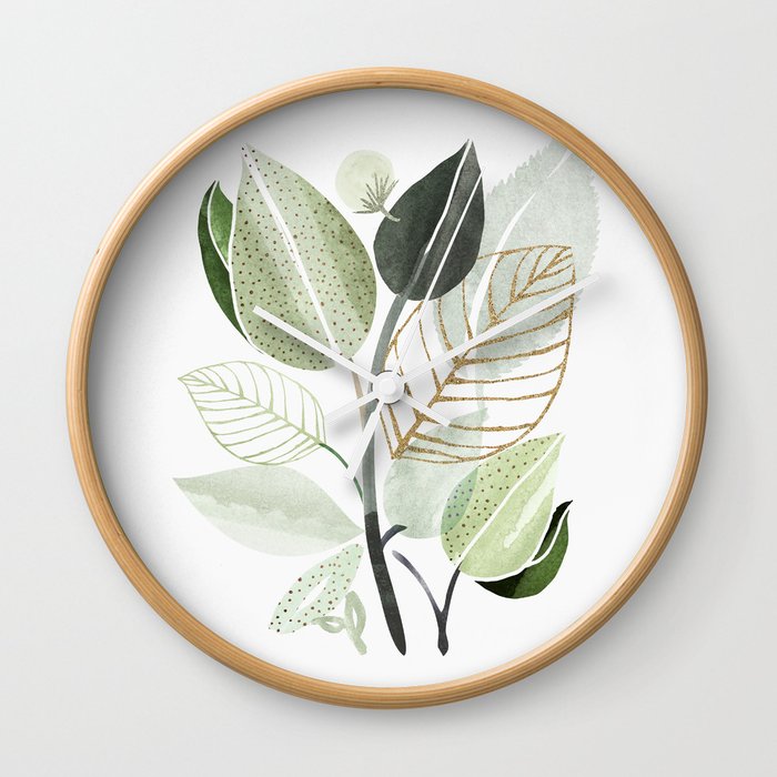 Forest Bouquet - Green Leaves Watercolor Wall Clock