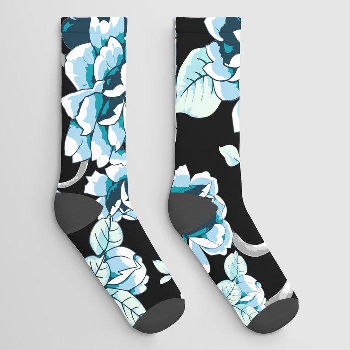 Spring Flowers Pattern Blue on Black Socks