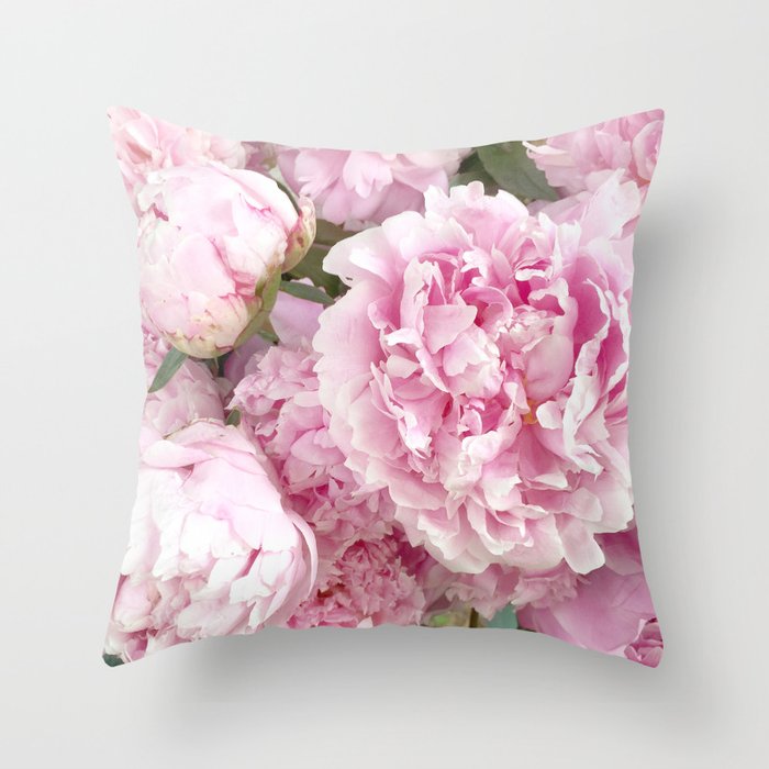 Pink Shabby Chic Peonies - Garden Peony Flowers Wall Prints Home Decor Throw Pillow