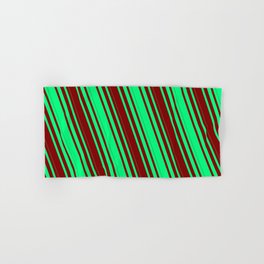 [ Thumbnail: Green & Maroon Colored Striped/Lined Pattern Hand & Bath Towel ]