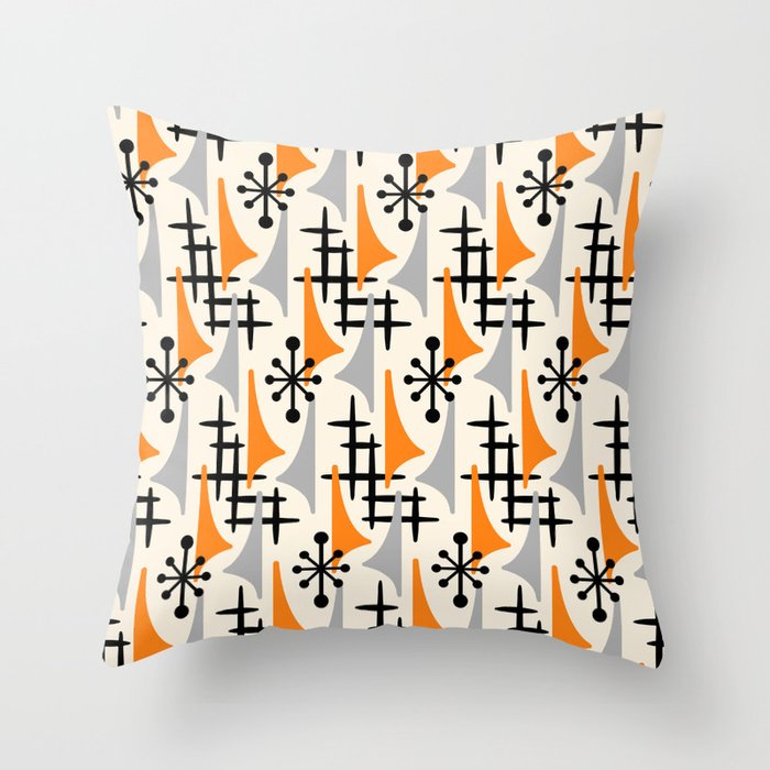 Retro 1950s Style Mid Century Modern Atomic Wing Pattern 834 Googie Orange and Gray Throw Pillow