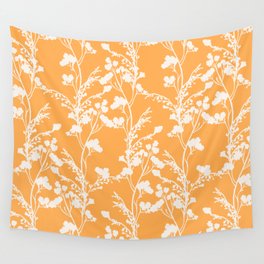 Floral Archive - Botanical Cut Out - Off White on Mango Orange Wall Tapestry