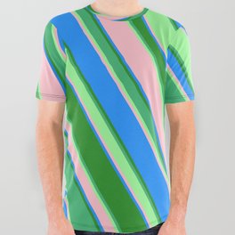 [ Thumbnail: Eye-catching Forest Green, Sea Green, Green, Pink & Blue Colored Lined/Striped Pattern All Over Graphic Tee ]