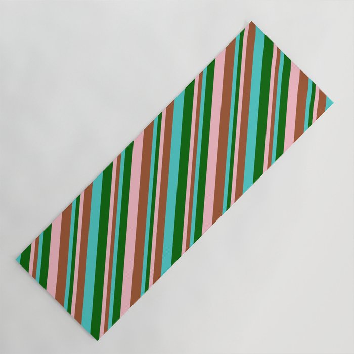 Turquoise, Dark Green, Pink, and Sienna Colored Lines Pattern Yoga Mat