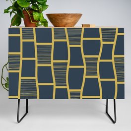 Abstract Funky Squares Pattern Navy Blue and Mustard Yellow Credenza