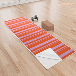 [ Thumbnail: Plum and Red Colored Lined/Striped Pattern Yoga Towel ]