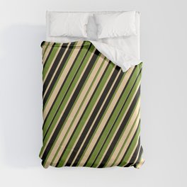 [ Thumbnail: Green, Tan & Black Colored Stripes/Lines Pattern Duvet Cover ]