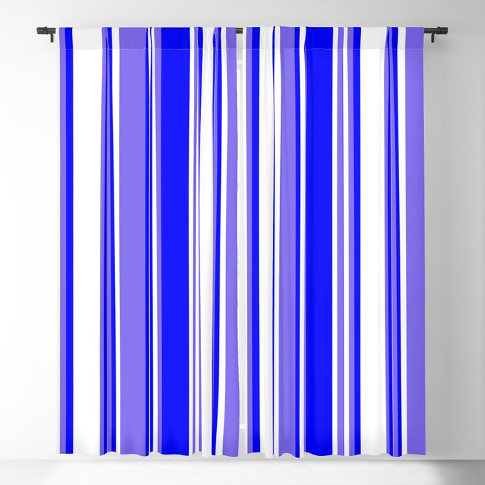 Medium Slate Blue, White, and Blue Colored Lined/Striped Pattern Blackout Curtain