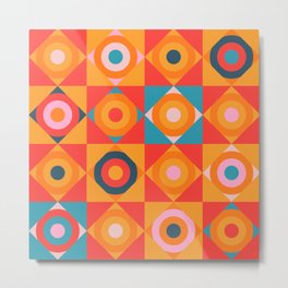 GEOMETRIC CIRCLE CHECKERBOARD TILES in SOUTHWESTERN DESERT COLORS CORAL ORANGE PINK TEAL BLUE Metal Print