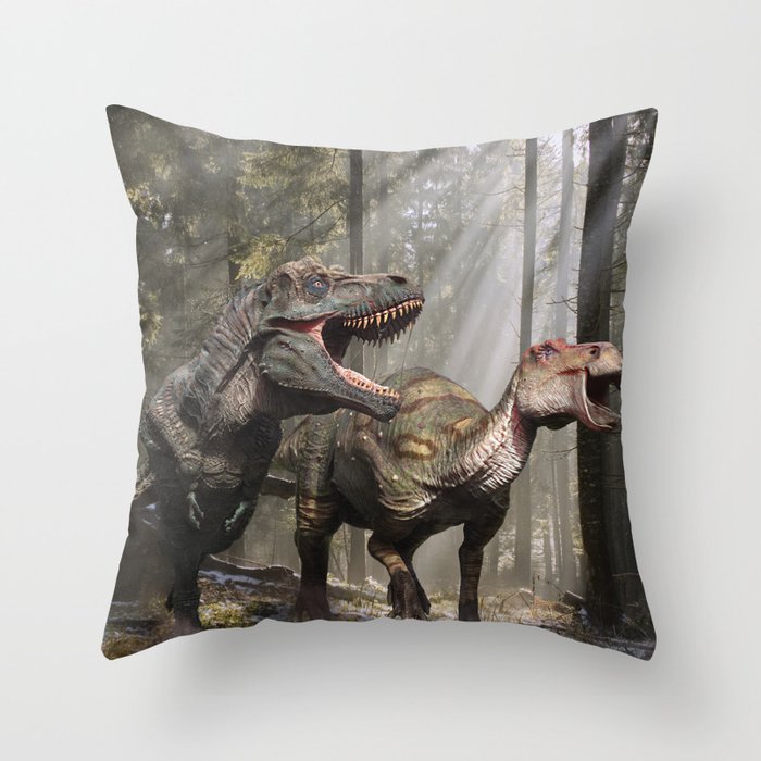 Tyrannosaurus hunting edmontosaurus Throw Pillow