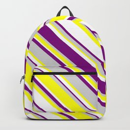 [ Thumbnail: White, Purple, Light Gray & Yellow Colored Lines Pattern Backpack ]