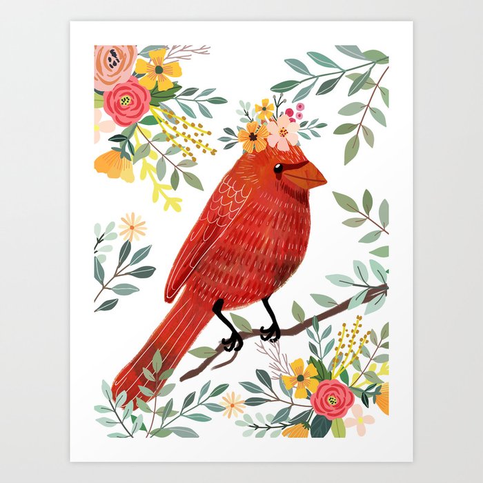 Red Bird with Floral Crown Art Print