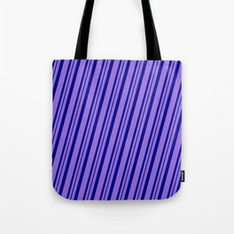 [ Thumbnail: Purple & Dark Blue Colored Pattern of Stripes Tote Bag ]