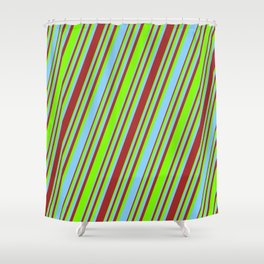 [ Thumbnail: Light Sky Blue, Brown, and Green Colored Striped/Lined Pattern Shower Curtain ]