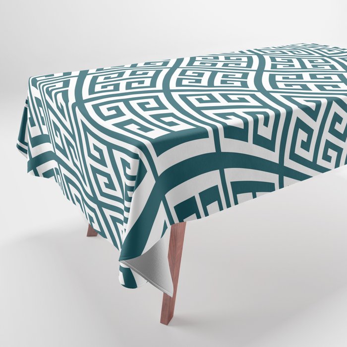 Teal Green and White Greek Key Liquify Tablecloth