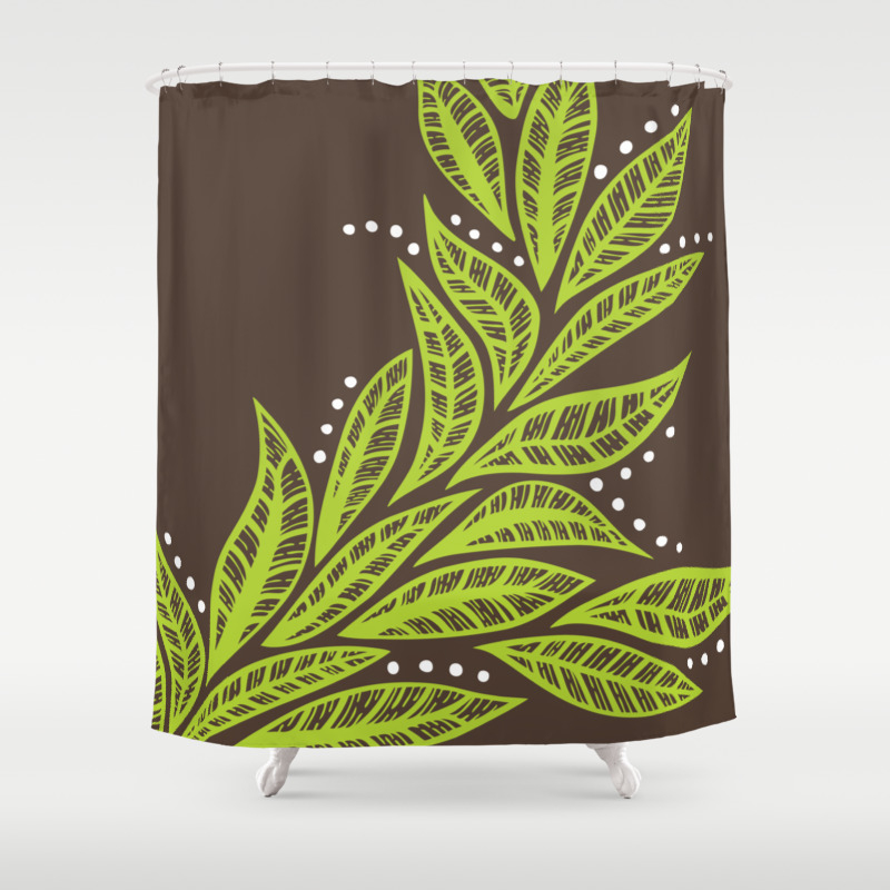 Floral Tropical Green Leaves On Brown Background Shower Curtain By