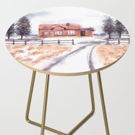 Winter Landscape With House And Pine Trees Watercolor Side Table