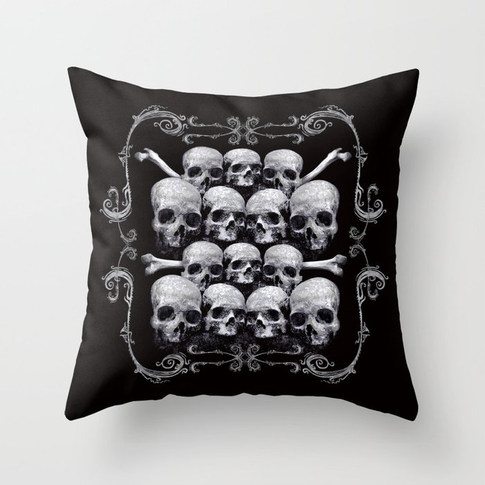 Skulls and Filigree - Black and White Throw Pillow