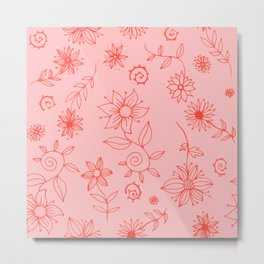Sweet whirling flowerbed pattern - dark coral on rose Metal Print | Graphicdesign, Flowers, Gardening, Naive, Pattern, Garden, Ink, Summer, Happy, Curated 