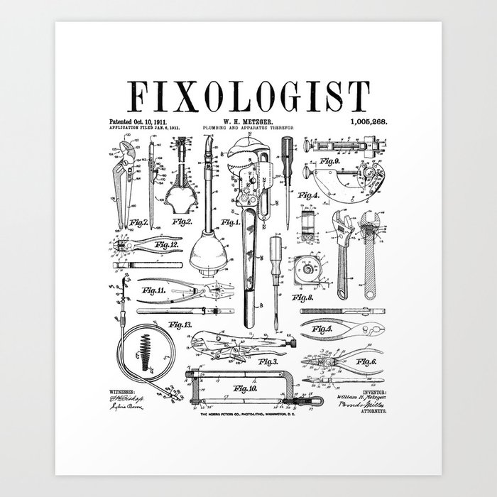 Fixologist Plumber Plumbing Tools Vintage Patent Print Art Print