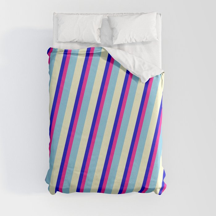 Blue, Deep Pink, Sky Blue, and Light Yellow Colored Stripes/Lines Pattern Duvet Cover