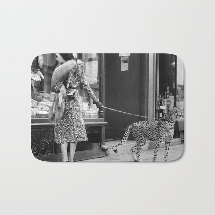 Woman with Cheetah, Phyllis Gordon, with her pet Kenyan cheetah, Paris, France black and white photo Bath Mat