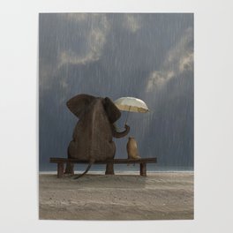 elephant and dog sit under the rain Poster