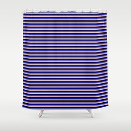 [ Thumbnail: Blue, Light Slate Gray, Light Pink, and Black Colored Lines/Stripes Pattern Shower Curtain ]