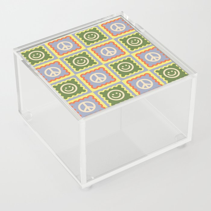Funky Checkered Smileys and Peace Symbol Pattern \\ Multicolor Acrylic Box