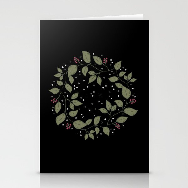 Leafy berry branches pattern with white dots in black background Stationery Cards