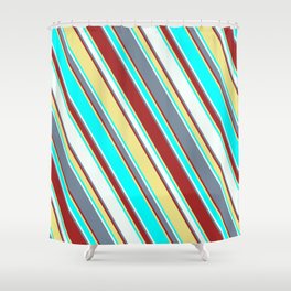 [ Thumbnail: Light Slate Gray, Brown, Tan, Aqua, and Mint Cream Colored Lined Pattern Shower Curtain ]