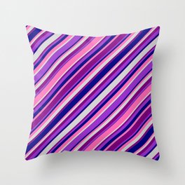 [ Thumbnail: Eye-catching Purple, Dark Orchid, Blue, Hot Pink & Light Grey Colored Lined Pattern Throw Pillow ]