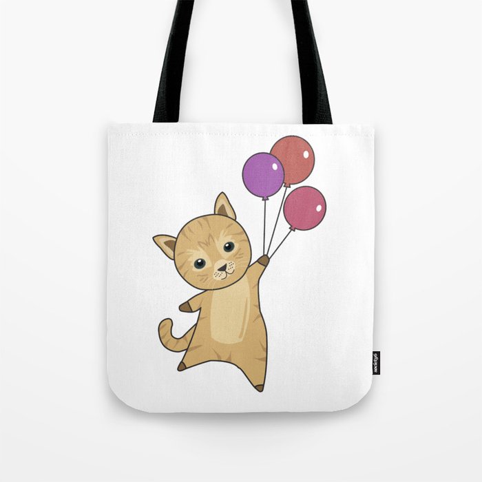 Cat Flies Up With Colorful Balloons Tote Bag