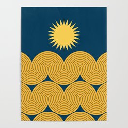 Mid Century Modern Geometric 154 Sun Rainbow abstract in Midnight Blue Mustard Yellow Gold Poster