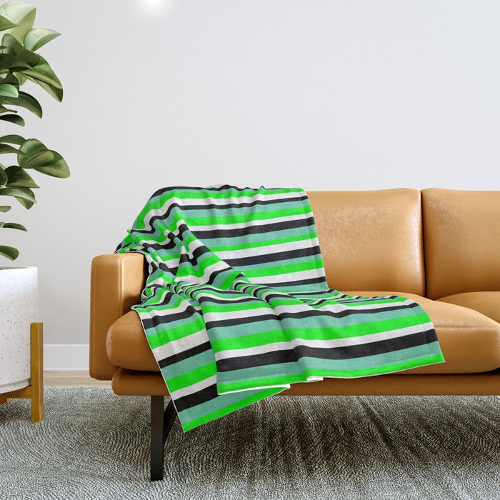 Aquamarine, Lime, White, and Black Colored Lined/Striped Pattern Throw Blanket