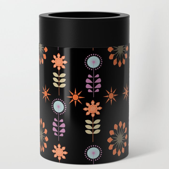 Retro Black Floral Abstract Pattern Can Cooler