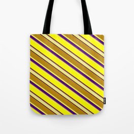 [ Thumbnail: Yellow, Indigo, Dark Goldenrod, and Pale Goldenrod Colored Stripes/Lines Pattern Tote Bag ]