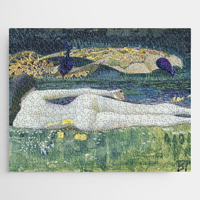 Laying Nude; river with peacocks beautiful figurative nude portrait painting by Mikhail Aleksandrovich Vrubel Jigsaw Puzzle