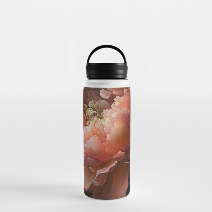 Fine art Oil Painterly Floral peony Dark coral Background Water Bottle