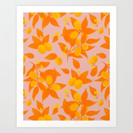 Orange and pink kumquats and leaves Art Print