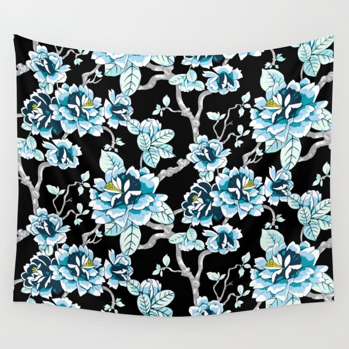 Spring Flowers Pattern Blue on Black Wall Tapestry