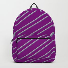 [ Thumbnail: Purple, Grey, and Light Slate Gray Colored Lined/Striped Pattern Backpack ]