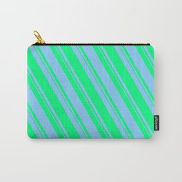 [ Thumbnail: Light Sky Blue and Green Colored Pattern of Stripes Carry-All Pouch ]