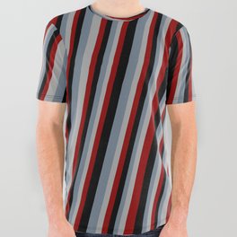 [ Thumbnail: Slate Gray, Dark Gray, Dark Red & Black Colored Stripes Pattern All Over Graphic Tee ]