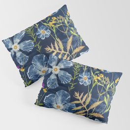 Cyanotype Painting (Hibiscus, Daisies, Cosmos, Ferns, Monarch) Pillow Sham