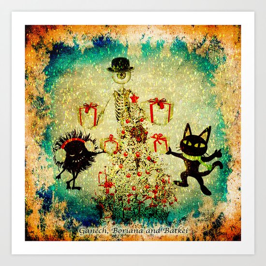 Mr. Bone, Whim and the Evil Flower Bug wish you a merry Christmas Art Print