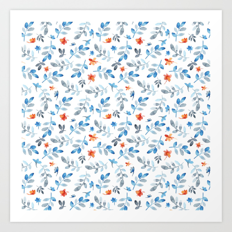Hand Painted Watercolor Orange Pastel Blue Floral Art Print By