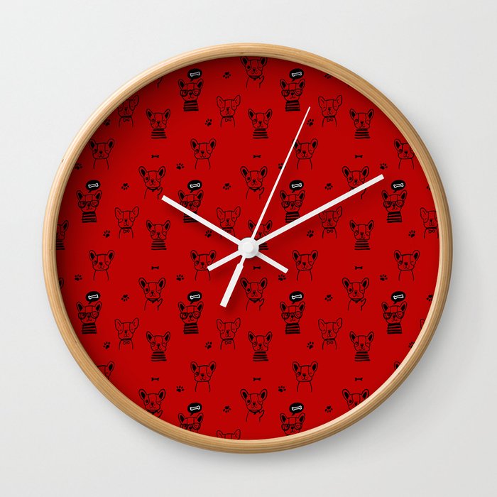 Red and Black Hand Drawn Dog Puppy Pattern Wall Clock