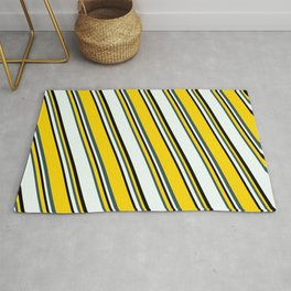 [ Thumbnail: Yellow, Dark Slate Gray, Mint Cream & Black Colored Stripes/Lines Pattern Rug ]