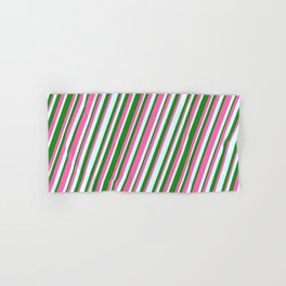 [ Thumbnail: Forest Green, Hot Pink, and Light Cyan Colored Stripes/Lines Pattern Hand & Bath Towel ]